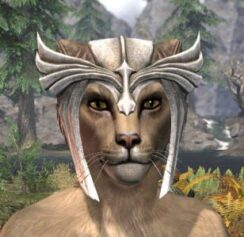 Ancestral High Elf Rawhide Helmet - Khajiit Female Front