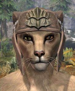 Blackreach Vanguard Rawhide Helmet - Khajiit Female Front